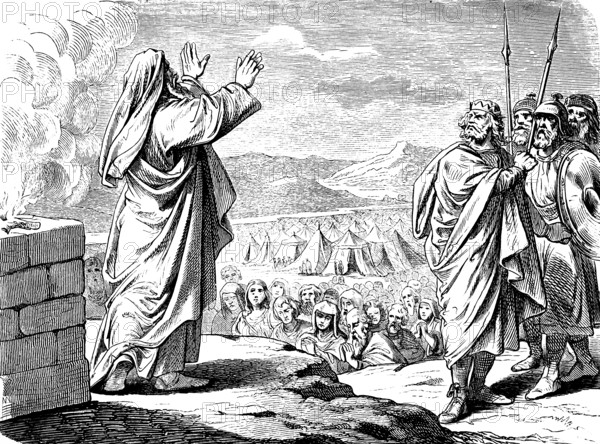 Balaam prophesies good over Israel and blesses him, blessing, warrior, tent camp, group, altar of sacrifice, fire, smoke, mountain landscape, Fourth Book of Moses, Chapter 24, Old Testament, Bible, historical illustration 1877