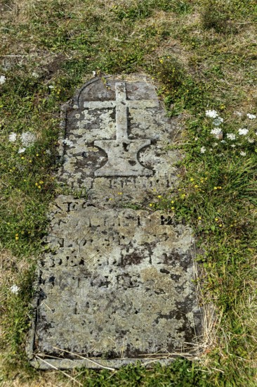 Auvergne Volcanoes Regional Natural Park, old cemetery tombstone at Pic Saint Pierre Saint Pierre Colamine, Puy de Dome, Auvergne, France