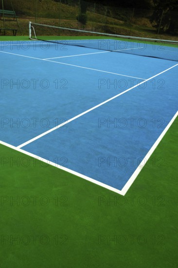 A vibrant tennis court with a blue surface contrasts against the green edges. The bright white lines create clear boundaries, showcasing a perfect sports environment for enthusiasts