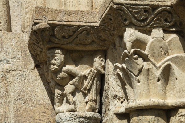 Porch sculptures of the romanesque church of Mailhat, Puy de Dome department, Auvergne-Rhone-Alpes, France