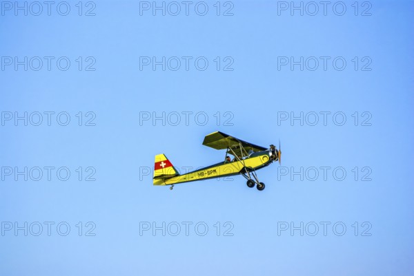 A vintage Potez 60 Sauterelle aeroplane with the registration HB-SPM during a flight demonstration as part of an air show at the Rossfeld in Metzingen-Glems, Baden-Württemberg, Germany, for editorial use only