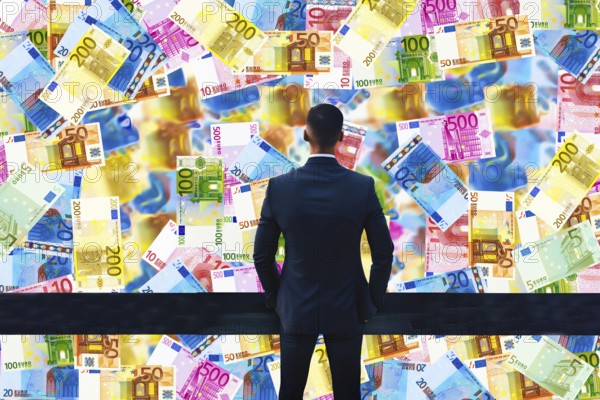 Symbol photo, manager with euro, financial economy, stock market, banks, money flows, devaluation, euro policy, inflation, stagnation, profits, capital market, currency, ECB, euro, euro upswing, euro downturn, parity, dollar, reserve currency, bitcoin, interest rates, debt, European Community, Germany