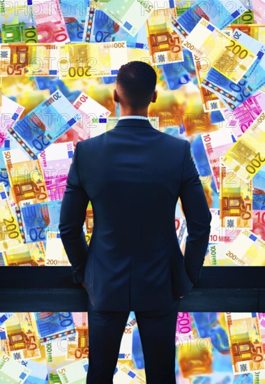 Symbol photo, manager with euro, financial economy, stock market, banks, money flows, devaluation, euro policy, inflation, stagnation, profits, capital market, currency, ECB, euro, euro upswing, euro downturn, parity, dollar, reserve currency, bitcoin, interest rates, debt, European Community, Germany