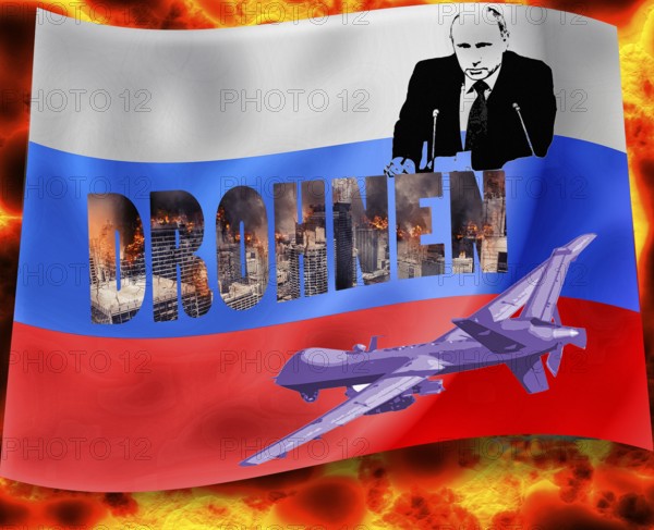 Symbolic image, Putin and Ukraine war, Russian drones over EU, sabotage by Russia, undersea cables, Baltic states, Poland, threat to European/world politics, billiards of world politics, Ukraine, Russia, danger situation, continued gas supply, arms supplies, shortage of fossil fuels, cold winter, frost, energy supply, food for third world, raw material supply