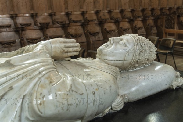 Pope Clement VI tomb inside Saint Robert abbey. La Chaise Dieu. Haute Loire department. Auvergne-Rhone-Alpes, France
