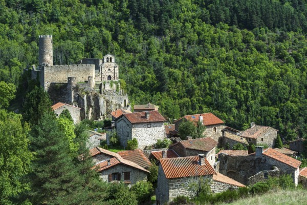 Saint Andre de Chalencon village. Castle and Chapel of Chalencon. Haute Loire. Auvergne Rhone Alpes. France