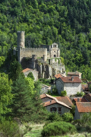 Saint Andre de Chalencon village. Castle and Chapel of Chalencon. Haute Loire. Auvergne Rhone Alpes. France