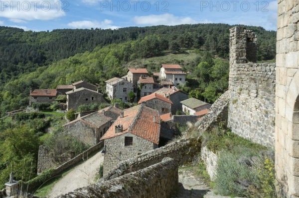 Saint Andre de Chalencon village. View on Chalencon village. Haute Loire. Auvergne Rhone Alpes. France