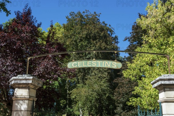 Sign showing the Celestins thermal spring, Vichy, France