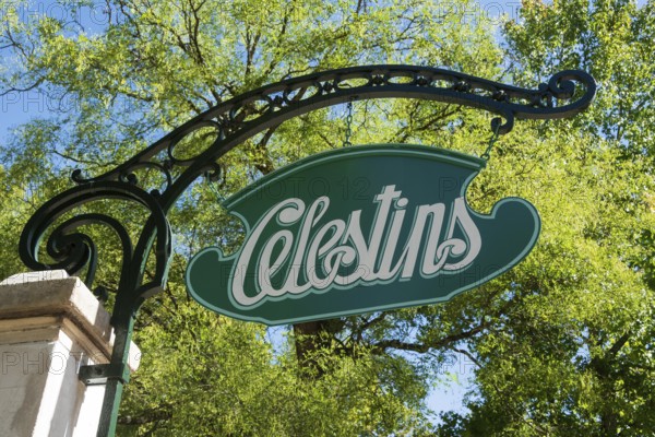 Vichy, listed as World Heritage by UNESCO.Sign of Source of Celestins, Allier department, Auvergne Rhone Alpes, France