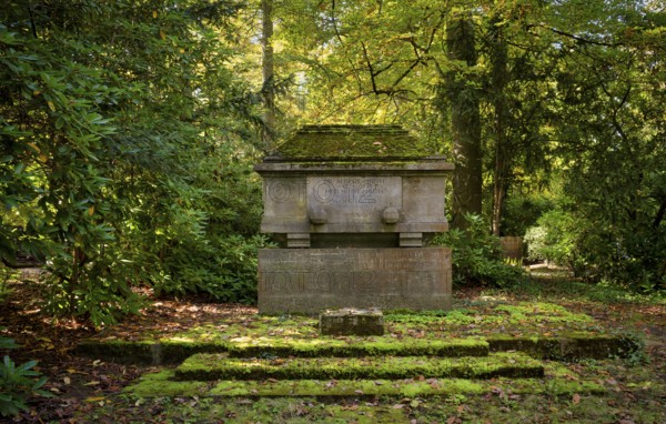 Gravesite, Gravestone, Grave of the Dr Albert Hirth family, Hellmuth, Wolf, Forest cemetery, Moss, moss-covered, Autumn, autumnal, Stuttgart, Baden-Württemberg, Germany