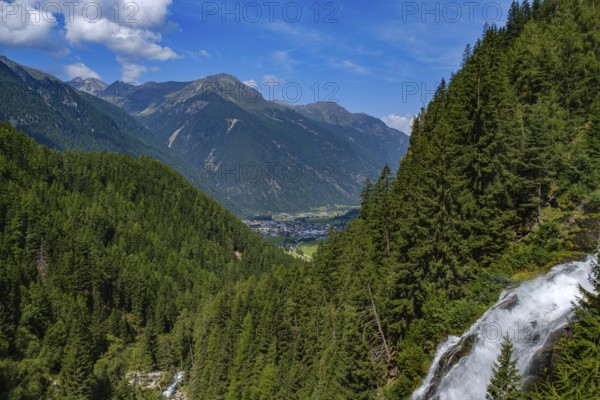 View of Umhausen and the Middle Ötztal from the Stuibenfall between Umhausen and Niederthai, Tyrol, Austria