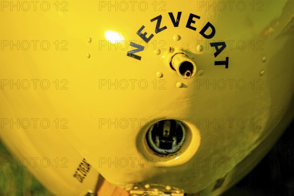 Pitot tube for speed measurement labelled NEZVEDAT (DO NOT LIFT) and tow release in the nose of a Letov LF-107 Lunak glider, Rossfeld in Metzingen-Glems, Baden-Württemberg, Germany, for editorial use only