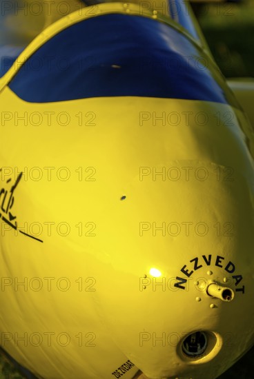 Pitot tube for speed measurement labelled NEZVEDAT (DO NOT LIFT) and tow release in the nose of a Letov LF-107 Lunak glider, Rossfeld in Metzingen-Glems, Baden-Württemberg, Germany, for editorial use only