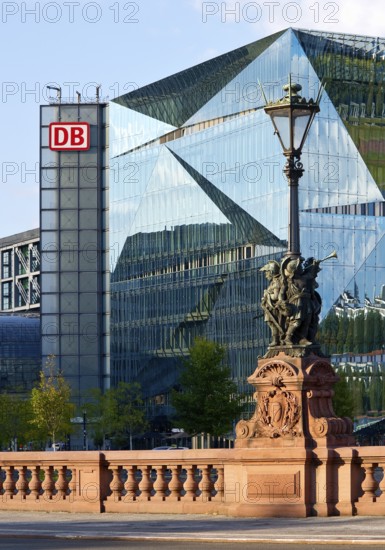 Historic Moltkebrücke with modern Cube Berlin, cube-shaped office building with glass façade reflecting the surroundings, Berlin, Germany