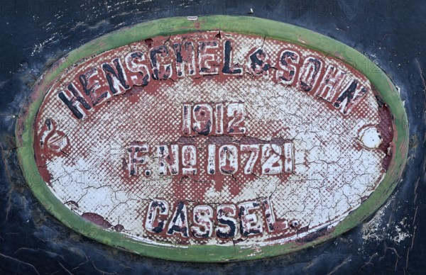 Plaque on the historic steam locomotive no. 41 from 1912, manufacturer Henschel & Sohn from Kassel, Otjiwarongo, Otjozondjupa region, Namibia
