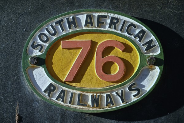 Plaque South African Railways on the historic steam locomotive no. 41 from 1912, manufacturer Henschel & Sohn from Kassel, Otjiwarongo, Otjozondjupa region, Namibia
