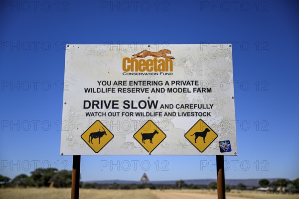 Sign at the entrance to the Field Conservation Centre and Reserve of the Cheetah Conservation Fund (CCF), Elandsvreugde Farm, near Otjiwarongo, Otjozondjupa Region, Namibia