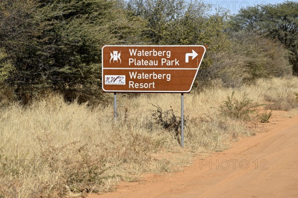 Road sign at the foot of the Waterberg, Otjozondjupa region, Namibia