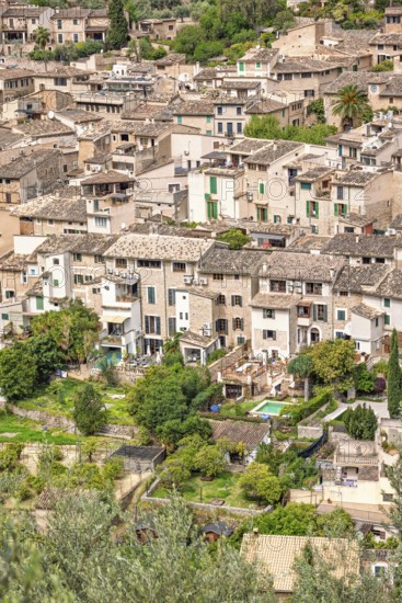 Aerial view at an old mountain village with residential houses and lush green gardens in the summer, Fornalutx, Mallorca, Spain