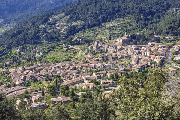 High angle view at a mountain village on a slope with lush green foliage a sunny summer day, Valldemossa, Mallorca, Spain