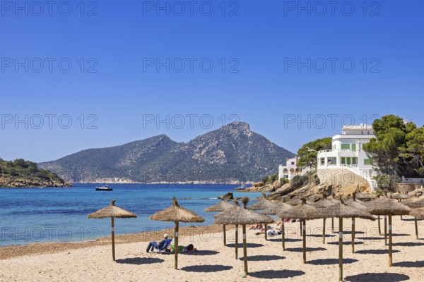 Sandy beach on the Mediterranean Sea with sun umbrellas and houses along the coast on a sunny summer day, Sant Elm, Mallorca, Spain