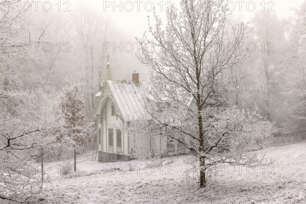 White wooden residential house in a park landscape with hoarfrost on the trees and new snow on the ground a cold winter day, Falköping, Sweden