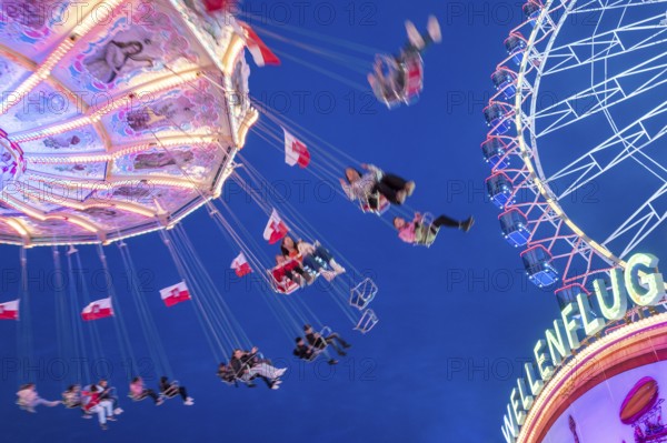 Rotating chain carousel at night at a funfair with floating people in front of a deep blue sky, Bad Cannstatt, Stuttgart, Baden-Württemberg, Germany