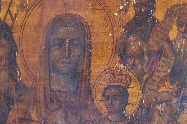 Pantanassa Monastery from the 15th century AD, Ancient icon of a sacred face with fading colours and text, Mystras, Mistra, UNESCO World Heritage Site, Medieval Byzantine ruined city, northwest of Sparta, Taygetos promontory, Peloponnese, peninsula, Greece