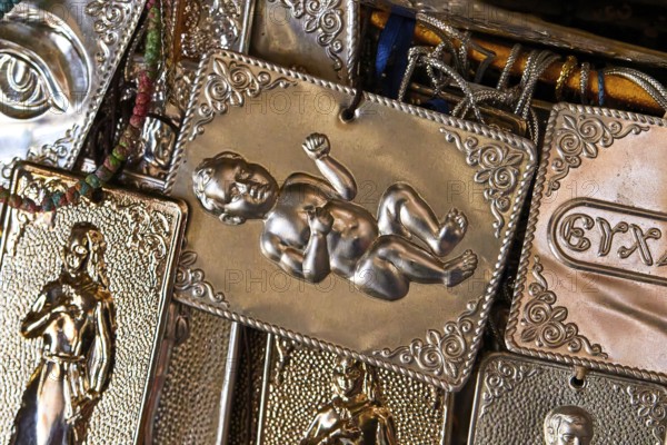 Pantanassa Monastery from the 15th century AD, votive tablets, metal plaques with ancient religious engravings of a baby, Mystras, Mistra, UNESCO World Heritage Site, medieval Byzantine ruined city, north-west of Sparta, foothills of the Taygetos Mountains, Peloponnese, peninsula, Greece