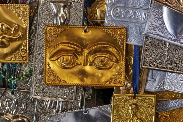 Pantanassa Monastery from the 15th century AD, votive tablet, gold engraving of eyes on religious metal object with detailed decorations, Mystras, Mistra, UNESCO World Heritage Site, medieval Byzantine ruined city, north-west of Sparta, foothills of the Taygetos Mountains, Peloponnese, peninsula, Greece