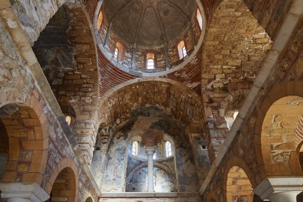 Metropolis, Metropolitan Church of Agios Dimitrios Mystras, interior view of a church with brick arches and ornate ceiling design, Mystras, Mistra, UNESCO World Heritage Site, Medieval Byzantine ruined city, northwest of Sparta, foothills of the Taygetos Mountains, Peloponnese, peninsula, Greece