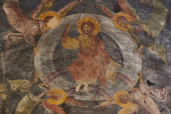 Pantanassa Monastery from the 15th century AD, Jesus in a fresco surrounded by angels on a circular surface, Mystras, Mistra, UNESCO World Heritage Site, Medieval Byzantine ruined city, north-west of Sparta, foothills of the Taygetos Mountains, Peloponnese, peninsula, Greece