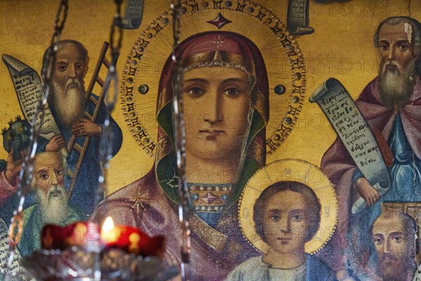 Pantanassa Monastery from the 15th century AD, Holy Icon of Mary with baby Jesus in the light of a lamp, Mystras, Mistra, UNESCO World Heritage Site, Medieval Byzantine ruined city, north-west of Sparta, foothills of the Taygetos Mountains, Peloponnese, peninsula, Greece