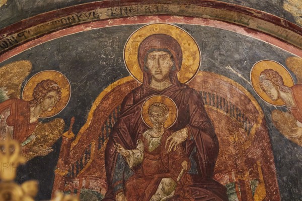 Pantanassa Monastery from the 15th century AD, Holy Mary with baby Jesus and angels in a fresco mural, Mystras, Mistra, UNESCO World Heritage Site, Medieval Byzantine ruined city, north-west of Sparta, foothills of the Taygetos Mountains, Peloponnese, peninsula, Greece