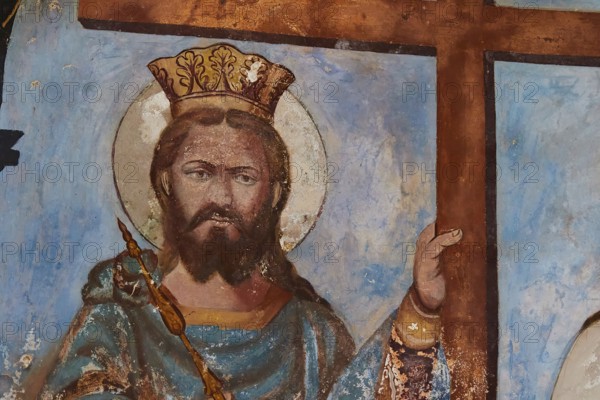 Pantanassa Monastery from the 15th century AD, fresco of a crowned king with a cross on a sacred mural, Mystras, Mistra, UNESCO World Heritage Site, medieval Byzantine ruined city, north-west of Sparta, foothills of the Taygetos Mountains, Peloponnese, peninsula, Greece