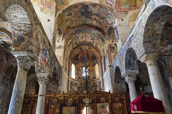 Pantanassa Monastery from the 15th century AD, magnificent frescoes adorn the church, ornate columns frame the altar, Mystras, Mistra, UNESCO World Heritage Site, medieval Byzantine ruined city, north-west of Sparta, foothills of the Taygetos Mountains, Peloponnese, peninsula, Greece