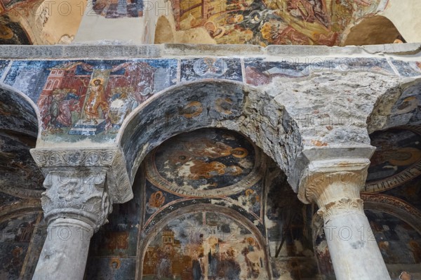 Pantanassa Monastery from the 15th century AD, Painted church columns and ceiling frescoes bear witness to the artistic design, Mystras, Mistra, UNESCO World Heritage Site, Medieval Byzantine ruined city, north-west of Sparta, Taygetos foothills, Peloponnese, peninsula, Greece