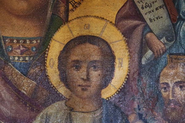 Pantanassa Monastery from the 15th century AD, close-up of an icon with the face of the infant Jesus, Mystras, Mistra, UNESCO World Heritage Site, Medieval Byzantine ruined city, northwest of Sparta, foothills of the Taygetos Mountains, Peloponnese, peninsula, Greece