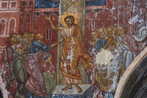 Pantanassa Monastery from the 15th century AD, Jesus and apostles in the resurrection scene of a fresco icon, Mystras, Mistra, UNESCO World Heritage Site, medieval Byzantine ruined city, north-west of Sparta, foothills of the Taygetos Mountains, Peloponnese, peninsula, Greece