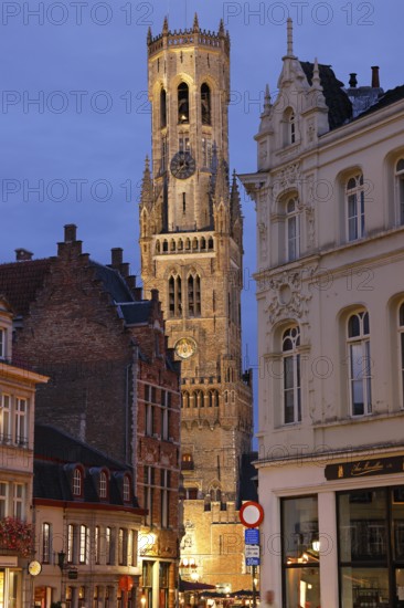 Illuminated Belfry in the historic city centre of Bruges in the evening light, Belfort on the Grote Markt, market square, UNESCO World Heritage Site, Bruges, Flanders, Belgium