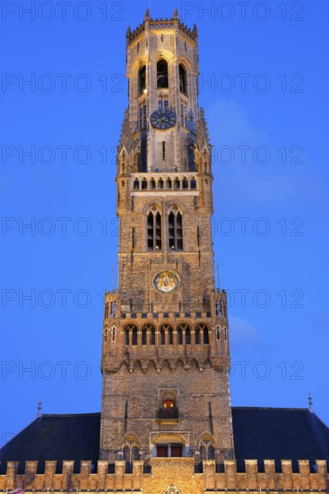 Illuminated Belfry of Bruges in the evening light, Belfort on the Grote Markt, Market Square, UNESCO World Heritage Site, Bruges, Flanders, Belgium