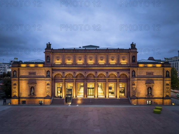 The Kunsthalle Hamburg at blue hour with a slightly cloudy sky in the background, Hamburg, Germany