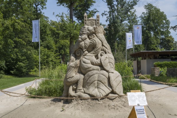 Sand sculpture with barrier, fairy tale Jack and the Beanstalk, garden show, Bad Lippspringe, Westphalia, North Rhine-Westphalia, Germany