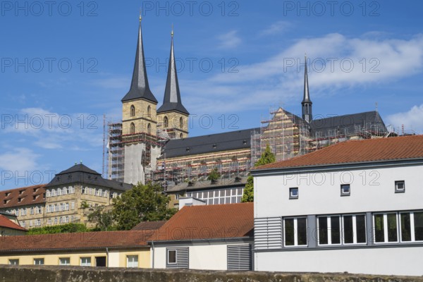 St Michael's Monastery with scaffolding, Michaelsberg, Old Town, UNESCO World Heritage Site, Bamberg, Upper Franconia, Franconia, Bavaria, Germany