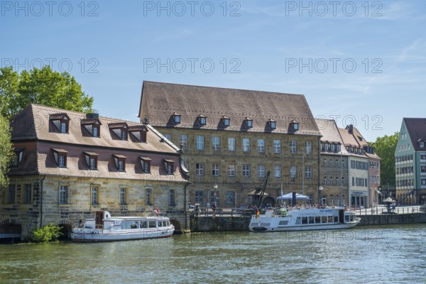 Jetty at the crane, Two excursion boats on the river Regnitz, Old Town, UNESCO World Heritage Site, Bamberg, Upper Franconia, Franconia, Bavaria, Germany