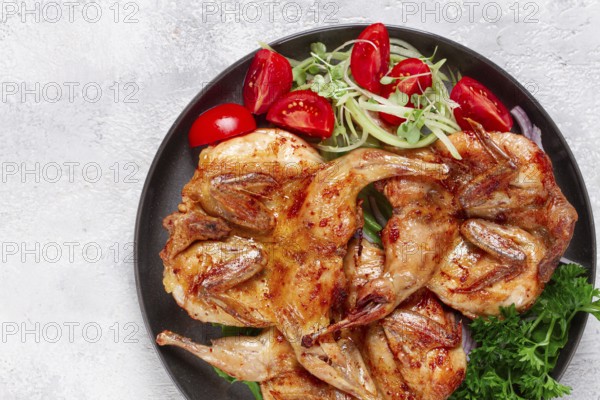 Baked quail, served on a plate with crispy lettuce leaves, fresh tomatoes and herbs, on a dark plate, homemade