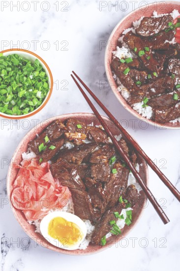 Gyudon Japanese beef with rice, pickled ginger, boiled egg slice, garnished with green onions, in a bowl with chopsticks