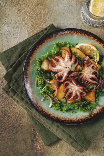 Warm salad, grilled mini octopus, with potatoes and fresh herbs, homemade, no people