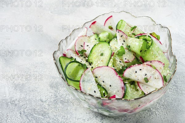 Crisp cucumber and thinly sliced radishes are mixed with fresh herbs in a decorative bowl. The dish is vibrant and refreshing, perfect for a light meal or side